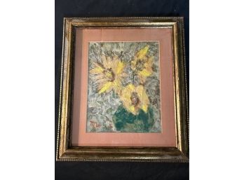 Sunflowers Painting Original Oil Canvas Signed MW From Sweden In Gold Gilded Frame 16 X 13