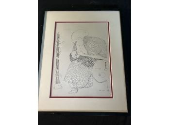 Doris Lubell (American, Contemporary) Original Pen And Ink Mother And Children In Chelsea Frame 18 X 15