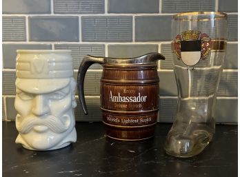 Lot Of 3 Collectible Drinkware Including Beer Boot, Barrel Pitcher, And Tankard!