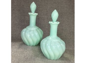 Two Vintage Mint Green / Jadite - Scent / Perfume Bottles - No Damage - Very Delicate Glass - Very Pretty Pair