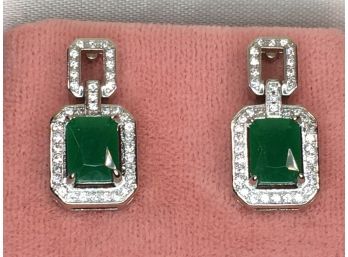 Wonderful Pair Sterling Silver / 925 Earrings With Colombian Emerald And Sparkling White Zircons - Wow !