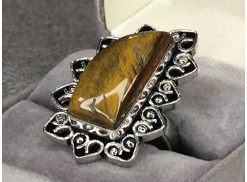 Very Unusual 925 / Sterling Silver Cocktail Ring With Tiger Eye - Very Unusual Silver Work - Very Pretty Ring