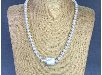 Fabulous Brand New Cultured Baroque Pearl Necklace With Natural Flat Pearl Pendant & Sterling Clasp - WOW !