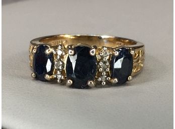 Vintage 925 / Sterling Silver Ring With 14K Gold Overlay With Sapphire & White Zircons - Very Pretty Ring !