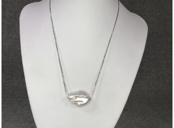 Fabulous Large Genuine Cultured Flat Pearl With Sterling Silver / 925 Chain - Slides To Adjust Length - Nice !