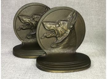 Spectacular Antique (1922) BRADLEY & HUBBARD Bronze German Shepherd Bookends - Made In Meriden, Connecticut