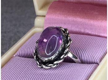 Wonderful Vintage 925 / Sterling Silver Ring With Amethyst - Lovely Hand Done Silver Work - Very Nice !