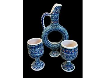 Phenomenal Ceramic Turkish Decanter And Cups With Relief Design