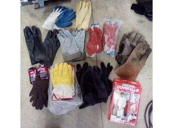 New XL Coveralls & Large Lot Of Various Style Work Gloves - Suede, Jersey, Rubber Or Silicone Coated, Camo