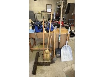 Lot Of Tools: Snow Shovels, Rakes, Thatchers, Spade, Brooms, Hand Tools.