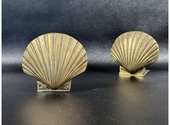 A Wonderful Pair Of Vintage Scallop Shell Bookends In Brass