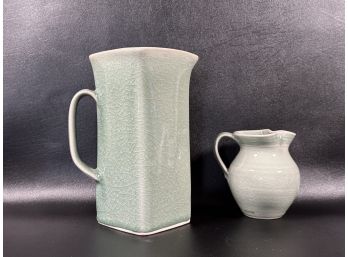A Beautiful Pair Of Ceramic Pitchers With A Crackled Finish, Made In America By Simon Pearce