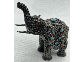 Stunning Vintage 1940s Nepalese Filigreed Sterling Silver Elephant Figure With Inlaid Coral And Turquoise