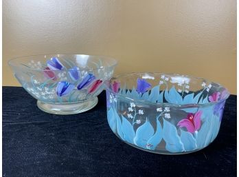 Pair Of Vintage Hand Painted Clear Glass Bowls