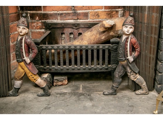 Pair 19th C. Painted Iron Hessian Soldier Andirons