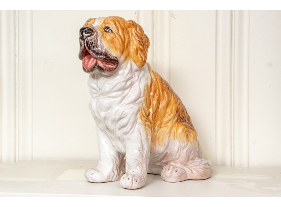 Adorable Vintage Glazed Ceramic St. Bernard Puppy Figure