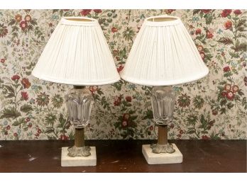 Pair Of Vintage Glass And Brass Table Lamps