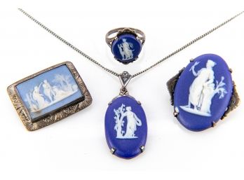 Group Antique Sterling Silver And Blue And White Jasperware Type Cameo Jewelry