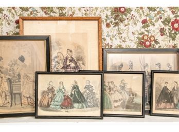 Large Group Of 19th C. Framed Black And White And Colored Fashion Prints