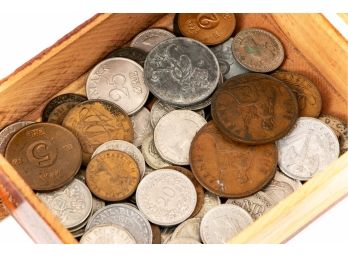 Group Of Mixed Coins In Vintage Wood Box