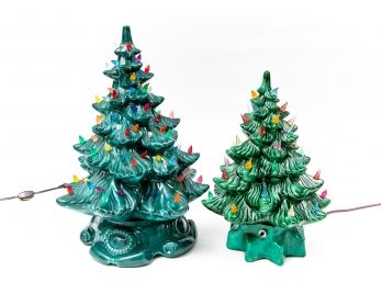 Two Vintage Glazed Ceramic Light Up Christmas Tree Lamps