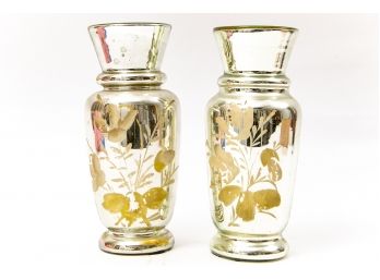 Pair 19th C. Painted Mercury Glass Vases