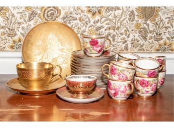 Group Fine Antique Painted And Gilt Porcelain Cups And Saucers