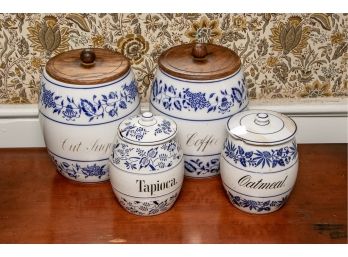 Group Four Blue And White Ceramic Kitchen Canisters