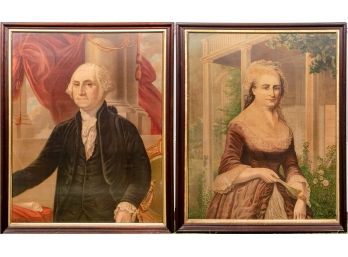 19th C. Framed Color Lithographs- Portraits George And Martha Washington