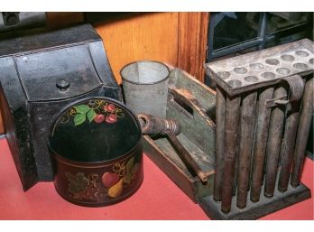 Group Antique Metal And Wood Kitchen Items