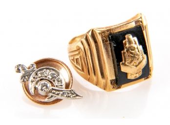 10K Gold Signet Ring And 14k And Diamond Tie Tack Pin- 3.3 Total Dwt