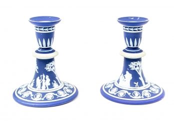 Pair Of Wedgwood Blue And White Jasperware Candlesticks