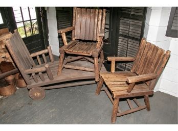 Vintage Adirondack Wood Chaise And Two Armchairs