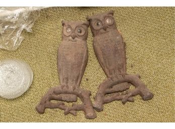 Pair Of Antique Iron Owl Form Andiron Ends