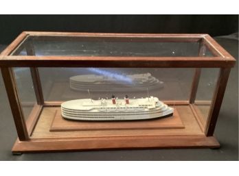 Vintage Wooden Model  Ship In Wood And Glass Display Case