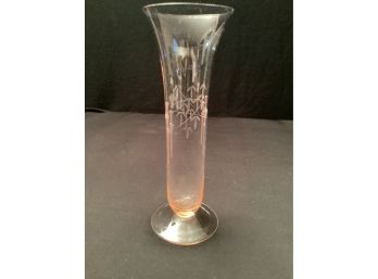 Vintage Pink Glass Vase With Etched Bamboo Design