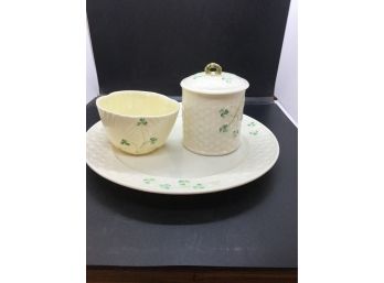 Irish Belleek Shamrock Pottery 3 Piece Lot