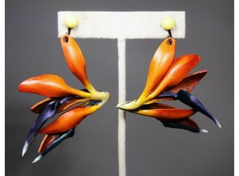 Fine 1980s Hand Crafted Artisan Leather Birds Of Paradise Clip Earrings