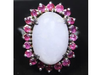 Fine Large Pale Opal And Genuine Rubies Sterling Silver Vintage Ring Size 6.5