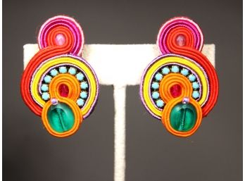 1980s Fine Designer Leather And Gemstone Earrings Clips Dori Csengeri Creations