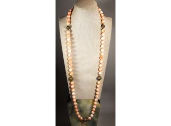 Very Fine Angel Skin Coral Chinese Beaded Necklace Having Cloisonne Enamel 32'