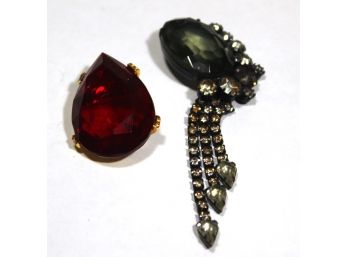 Two 1980s Large Rhinestone Brooches One Red And One Smoke Color