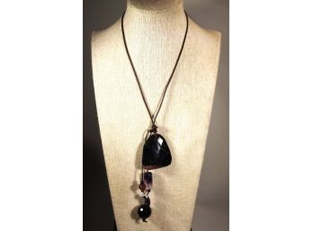 Fine Leather And Amethyst Geode Stone Pendants Signed On Clasp