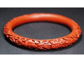 Vintage Chinese Hand Carved Cinnabar Bangle Bracelet In Red