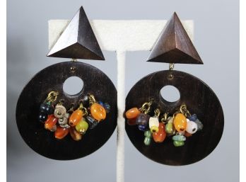 Fine Pair Of Wood And Beaded 1980s Designer Clip Earrings