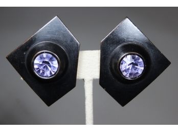 1980s Black Tone And Lavender Rhinestone Earrings Ear Clips