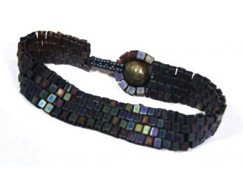 Artisan Iridescent Beaded Bracelet In Dark Blue