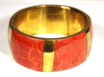 Vintage Designer Brass And Inlay Wide Bangle Bracelet