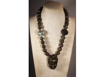 Artist Signed African Mask Beaded Necklace (two Beads Have Verdigris) Ompnig ?