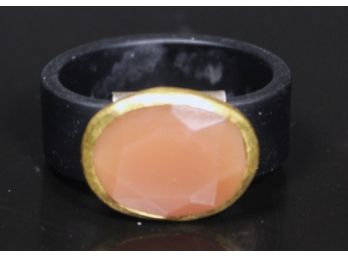 Contemporary Pink Opaque Stone, Bezel Set In Gold On Leather Band Ring Size 7.5